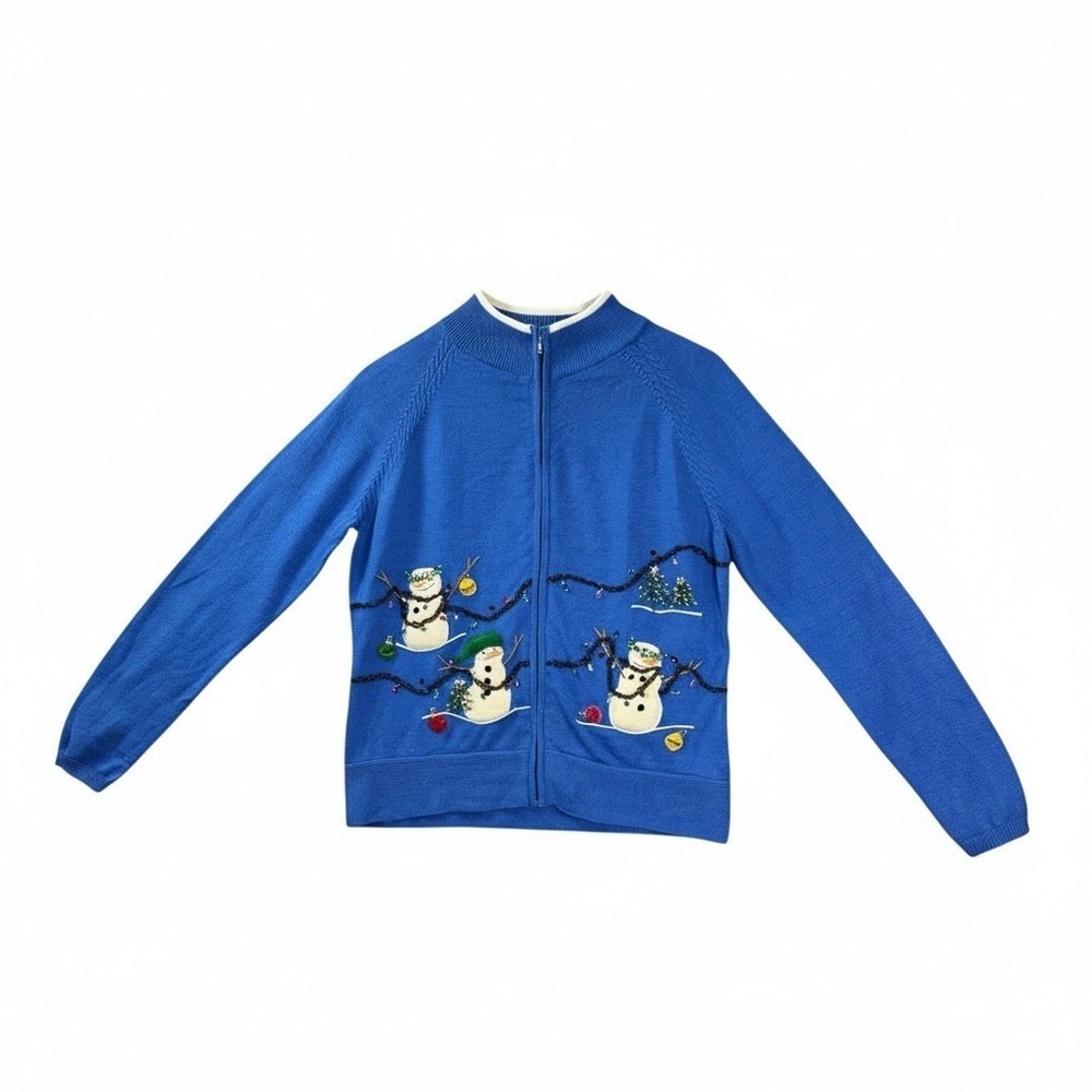 Vtg Dressbarn‎ Womens Christmas Cardigan S Blue Snowman Beaded Knit Ugly Sweater